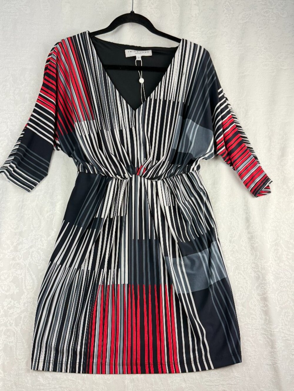 Trina Turk Women's 2 Red Black White Striped V Neck Fit & Flare Dress Stunning